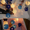 1 Set of Blue n White 5cm Rattan Cane 50 Ball Battery Powered LONG 5m String Lights Christmas Gift Home Wedding Party Bedroom Decoration