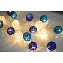 1 Set of Blue n White 5cm Rattan Cane 50 Ball Battery Powered LONG 5m String Lights Christmas Gift Home Wedding Party Bedroom Decoration