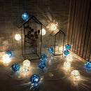 1 Set of Blue n White 5cm Rattan Cane 50 Ball Battery Powered LONG 5m String Lights Christmas Gift Home Wedding Party Bedroom Decoration