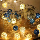 1 Set of Blue n White 5cm Rattan Cane 20 Ball Battery Powered 3m String Lights Christmas Gift Home Wedding Party Bedroom Decoration Table Centrepiece