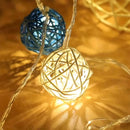 1 Set of Blue n White 5cm Rattan Cane 50 Ball Battery Powered LONG 5m String Lights Christmas Gift Home Wedding Party Bedroom Decoration