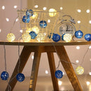 1 Set of Blue n White 5cm Rattan Cane 50 Ball Battery Powered LONG 5m String Lights Christmas Gift Home Wedding Party Bedroom Decoration