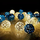 1 Set of Blue n White 5cm Rattan Cane 20 Ball Battery Powered 3m String Lights Christmas Gift Home Wedding Party Bedroom Decoration Table Centrepiece