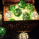 1 Set of Green n White 5cm Rattan Cane 50 Ball Battery Powered LONG 5m String Lights Christmas Gift Home Wedding Party Bedroom Decoration