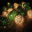 1 Set of Green n White 5cm Rattan Cane 50 Ball Battery Powered LONG 5m String Lights Christmas Gift Home Wedding Party Bedroom Decoration
