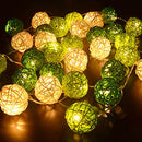1 Set of Green n White 5cm Rattan Cane 50 Ball Battery Powered LONG 5m String Lights Christmas Gift Home Wedding Party Bedroom Decoration