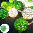 1 Set of Green n White 5cm Rattan Cane 50 Ball Battery Powered LONG 5m String Lights Christmas Gift Home Wedding Party Bedroom Decoration
