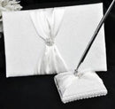 White Wedding Guest Book Register with Silver Pen Matching Stand Set 36 Lined Pages - White Sach Diamante Cover