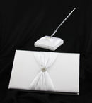 White Wedding Guest Book Register with Silver Pen Matching Stand Set 36 Lined Pages - White Sach Diamante Cover