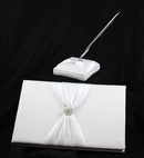White Wedding Guest Book Register with Silver Pen Matching Stand Set 36 Lined Pages - White Sach Diamante Cover