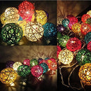 1 Set of Multi Coloured 5cm Rattan Cane 20 Ball Battery Powered 3m String Lights Christmas Gift Home Wedding Party Bedroom Decor
