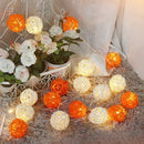 1 Set of Orange n White 5cm Rattan Cane 50 Ball Battery Powered LONG 5m String Lights Christmas Gift Home Wedding Party Bedroom Decoration