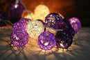 1 Set of Purple n White 5cm Rattan Cane 50 Ball Battery Powered LONG 5m String Lights Christmas Gift Home Wedding Party Bedroom Decoration