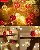 1 Set of Red and White 5cm Rattan Cane 50 Ball Battery Powered LONG 5m String Lights Christmas Gift Home Wedding Party Bedroom Decoration