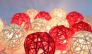 1 Set of Red and White5cm Rattan Cane 20 Ball Battery Powered 3m String Lights Christmas Gift Home Wedding Party Bedroom Decoration Table Centrepiece