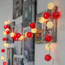 1 Set of Red and White 5cm Rattan Cane 50 Ball Battery Powered LONG 5m String Lights Christmas Gift Home Wedding Party Bedroom Decoration