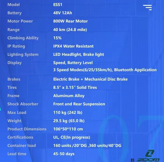 ZOOM ESS1 Electric Scooter 800w Dual Suspension Rear Drive escooter