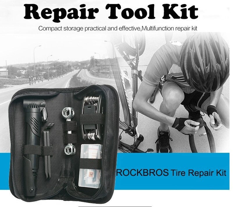 14pcs Bicycle Repair Tool Kit Bag Strap to Frame - ROCKBROS Pump Hex Wrench Patch for Bike Tyre Tools