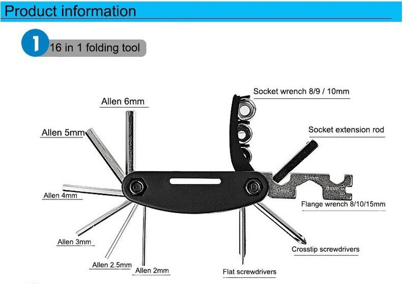 14pcs Bicycle Repair Tool Kit Bag Strap to Frame - ROCKBROS Pump Hex Wrench Patch for Bike Tyre Tools