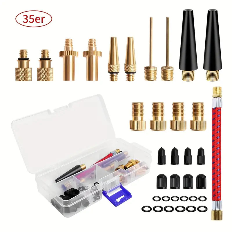 Boxed Valve Kit - Schrader and Presta - 34 Pieces Needle Male Female Adaptor Pressure Air Ball