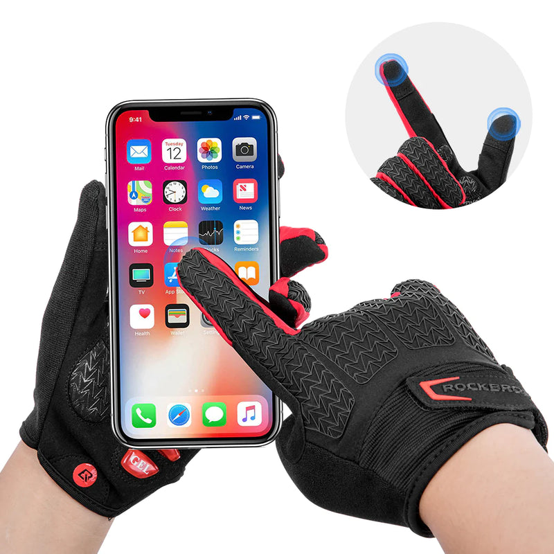 Full Finger MTB Gloves for Mountain Road Bike Breathable Red Rockbros Unisex Device Friendly Finger Material Anti Slip