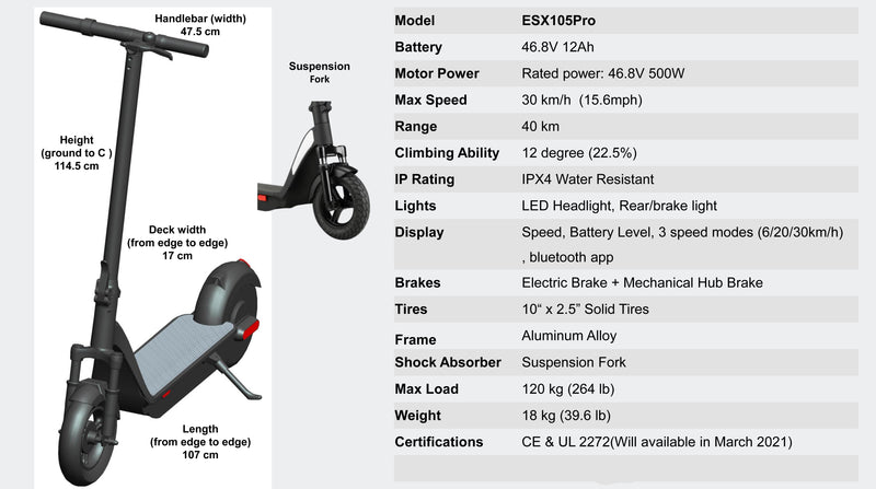 ZOOM ESX105 Pro Electric Scooter 500w Front Fork Suspension Rear Drive escooter 25km/h