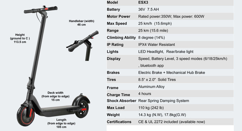 ZOOM ESX3 Electric Scooter 350w Rear Suspension Rear Drive escooter IPX4