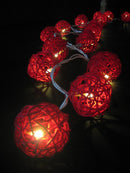 1 Set of Red 5cm Rattan Cane 20 Ball Battery Powered 3m String Lights Christmas Gift Home Wedding Party Bedroom Decoration Table Centrepiece