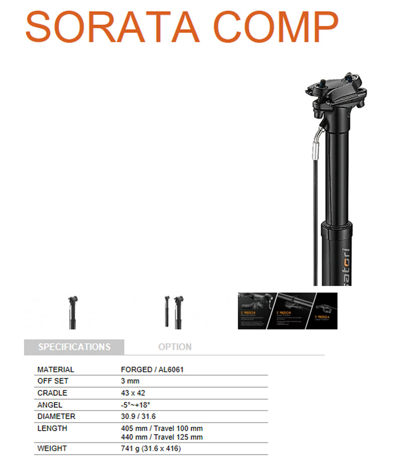 Sorata Comp - External Cable - Dropper Seat Post 30.9 Diameter 100mm Travel