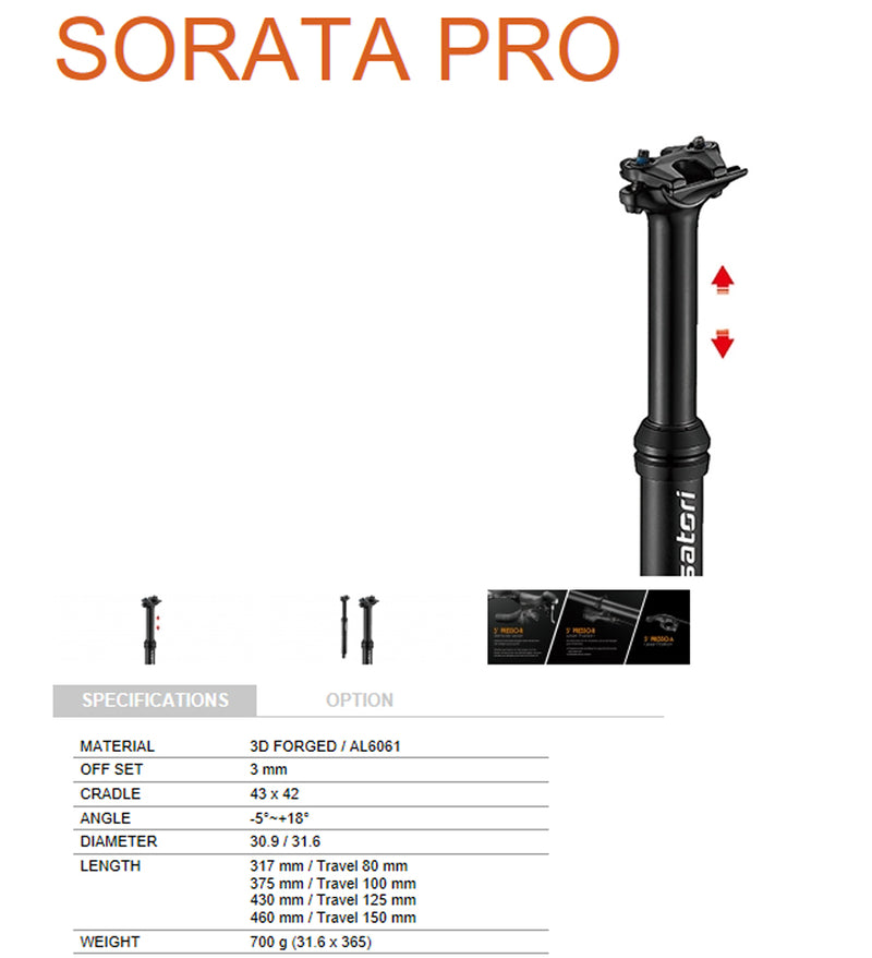 Sorata Pro - Internal Cable - 31.6 Diameter 100mm Travel - Adjustable Dropper Seatpost