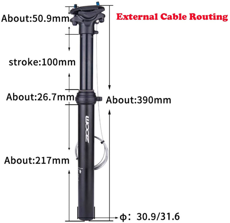 ZOOM Adjustable Dropper Bike Seat Post - External Cable Route  30.9 Diameter with 100mm Travel - ebike or MTB