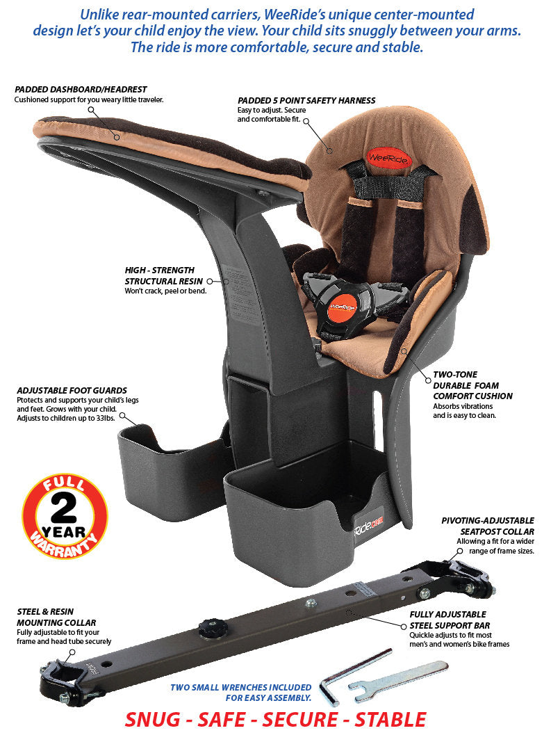 Deluxe Kid Baby Ride-On Seat - Weeride - MTB Hybrid - Cross Bar Mounted - Brown